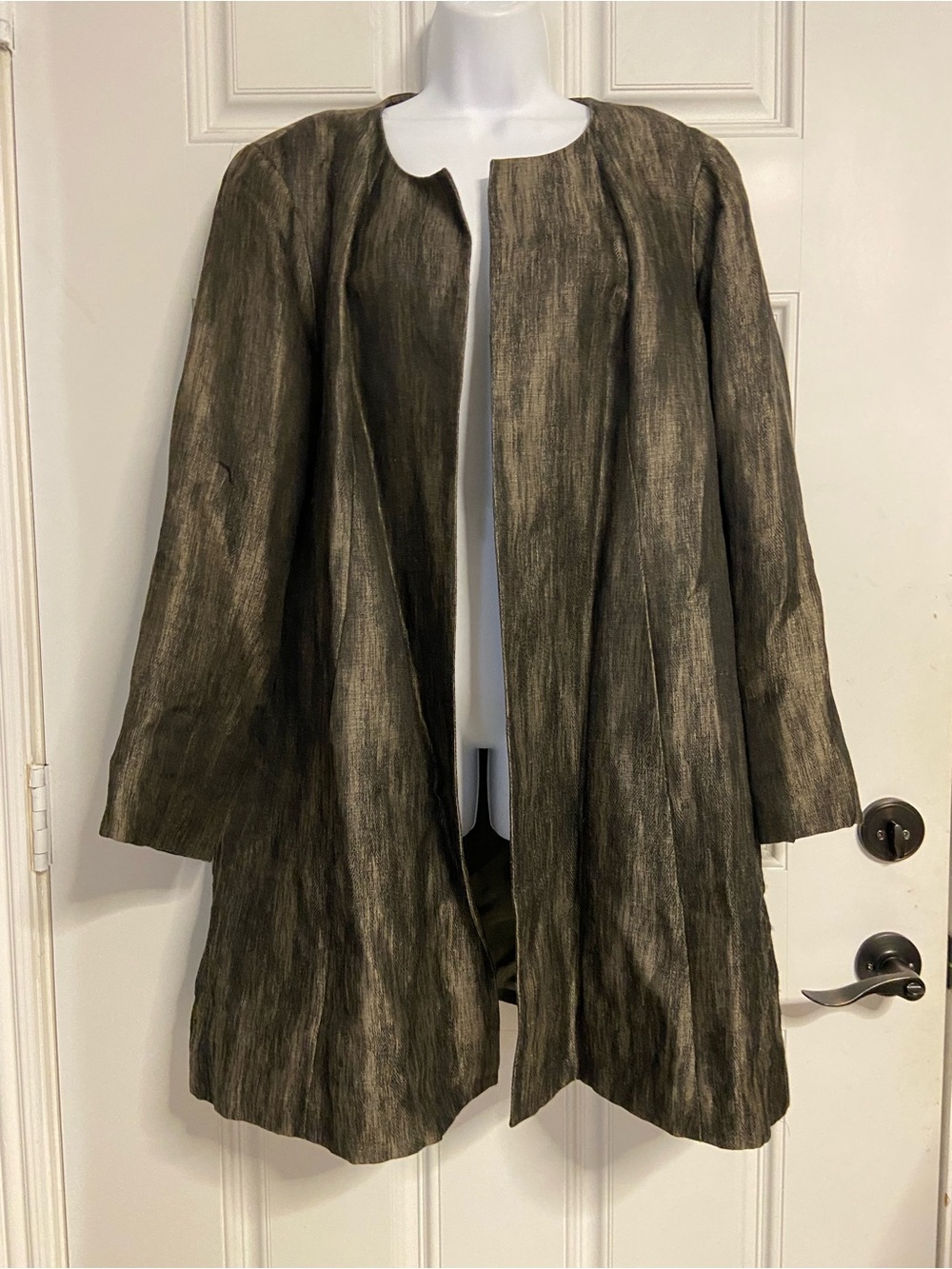 EILEEN FISHER Black-Bronze Metallic SILK-LINEN-COTTON Blend OpenFront Coat Jacke